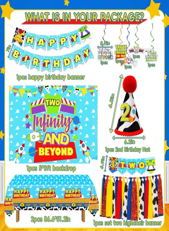BIGKEOKI Blue Clouds Cartoon Story 2nd Birthday Decor 2 to infinity and Two Beyond Bday Decorations Party Supplies include Tableware Set Balloon Garland Boxes Highchair Banner Crown Backdrop TableCloth Plates - Image 4
